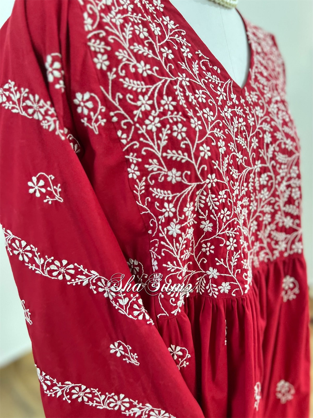 Scarlet Red Cotton Chikankari Kalidar Kurti