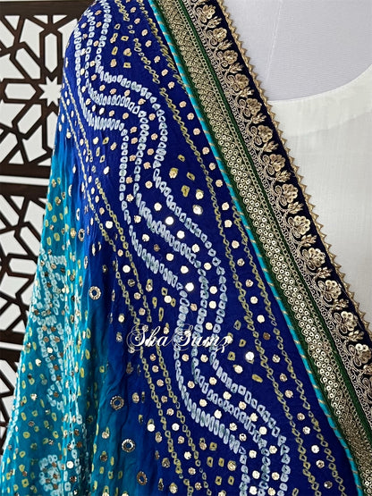 Royal Blue Gaji Silk Bandhej Dupatta with Mukaish