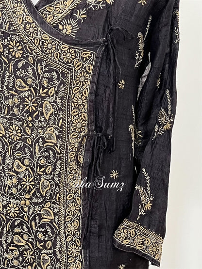 Black Pure Khadi Silk Angarkha with Chikankari & Mukaish