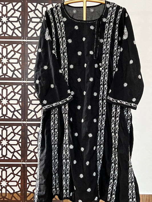 Black Cotton Kalidar with White Do Taar Chikankari & Kamdani