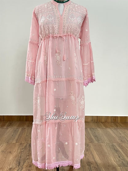 Powder Pink Chanderi Dress with Chikankari & Embellishments