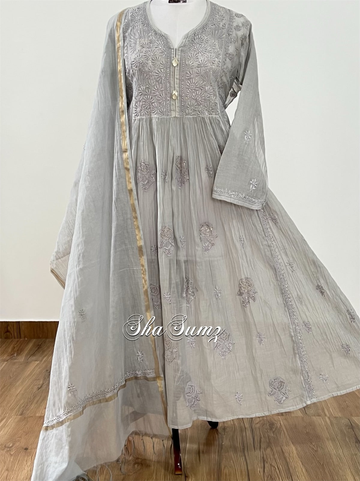 Dove Grey Mul Chanderi Anarkali with Chikankari & Mukaish