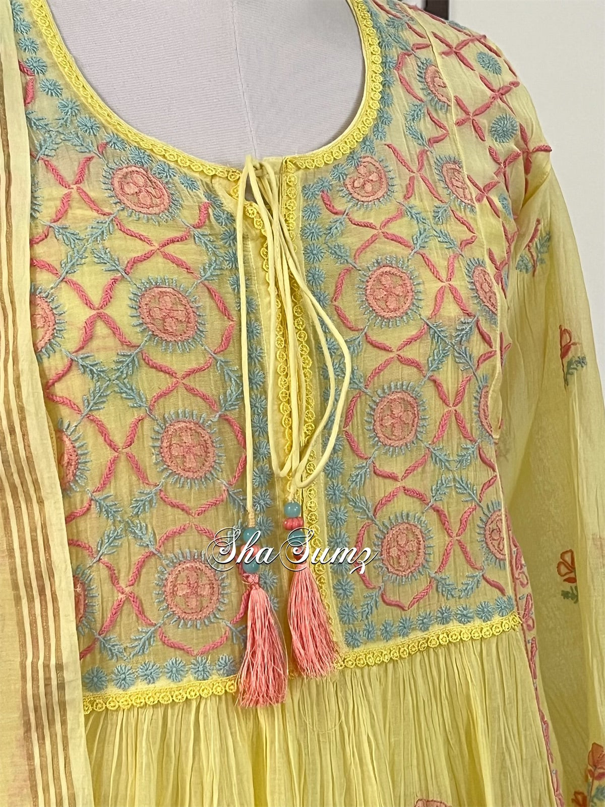 Lemon Yellow Mul Chanderi Peshwaz with Multi Colour Chikankari