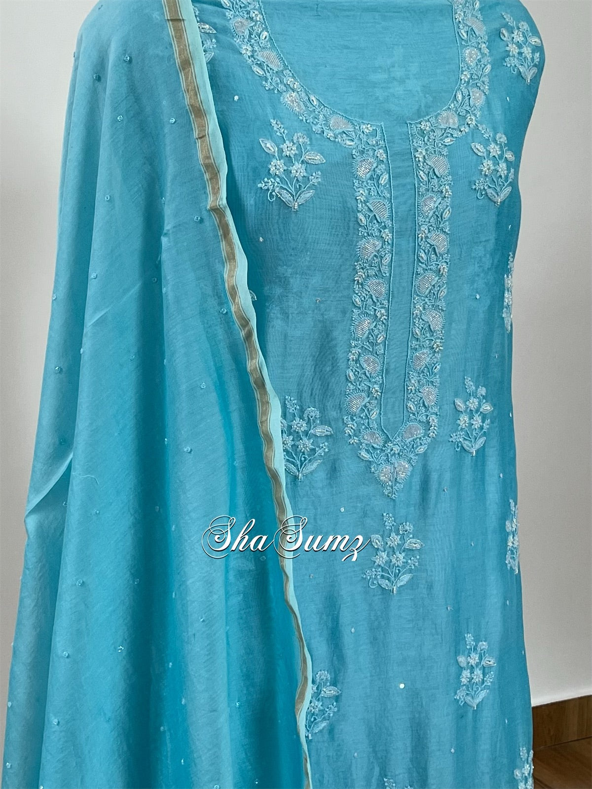 Sky Blue Chanderi Silk Suit with Embellishments