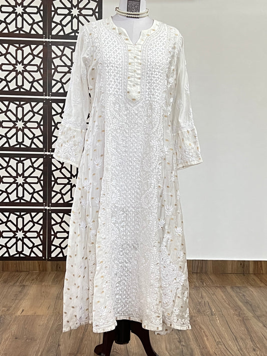 Off White Chanderi Anarkali with Chikankari