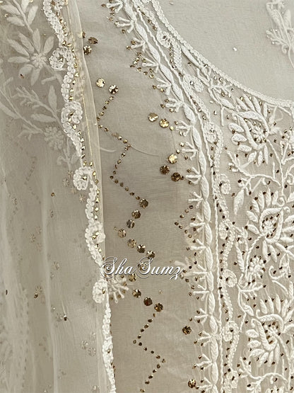 Ivory Organza Suit with Chikankari & Mukaish