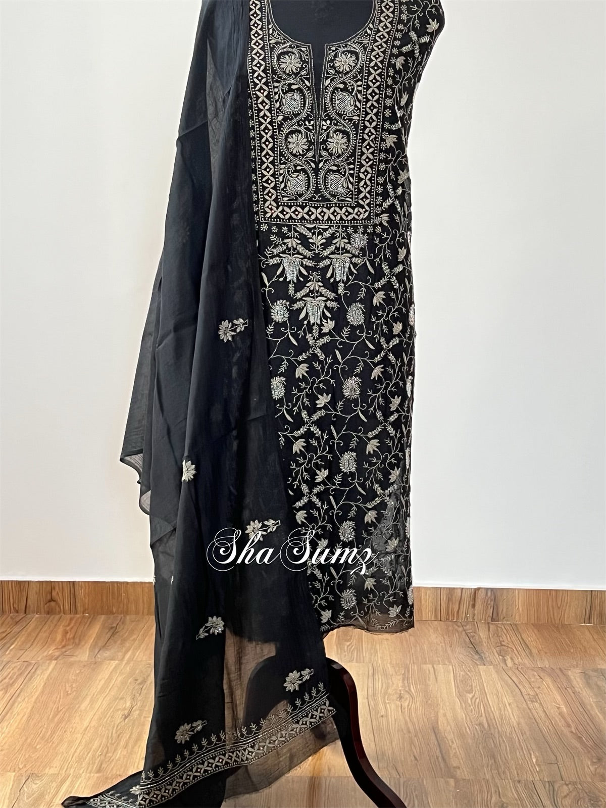 Black and Grey Chikankari Mul Chanderi Suit