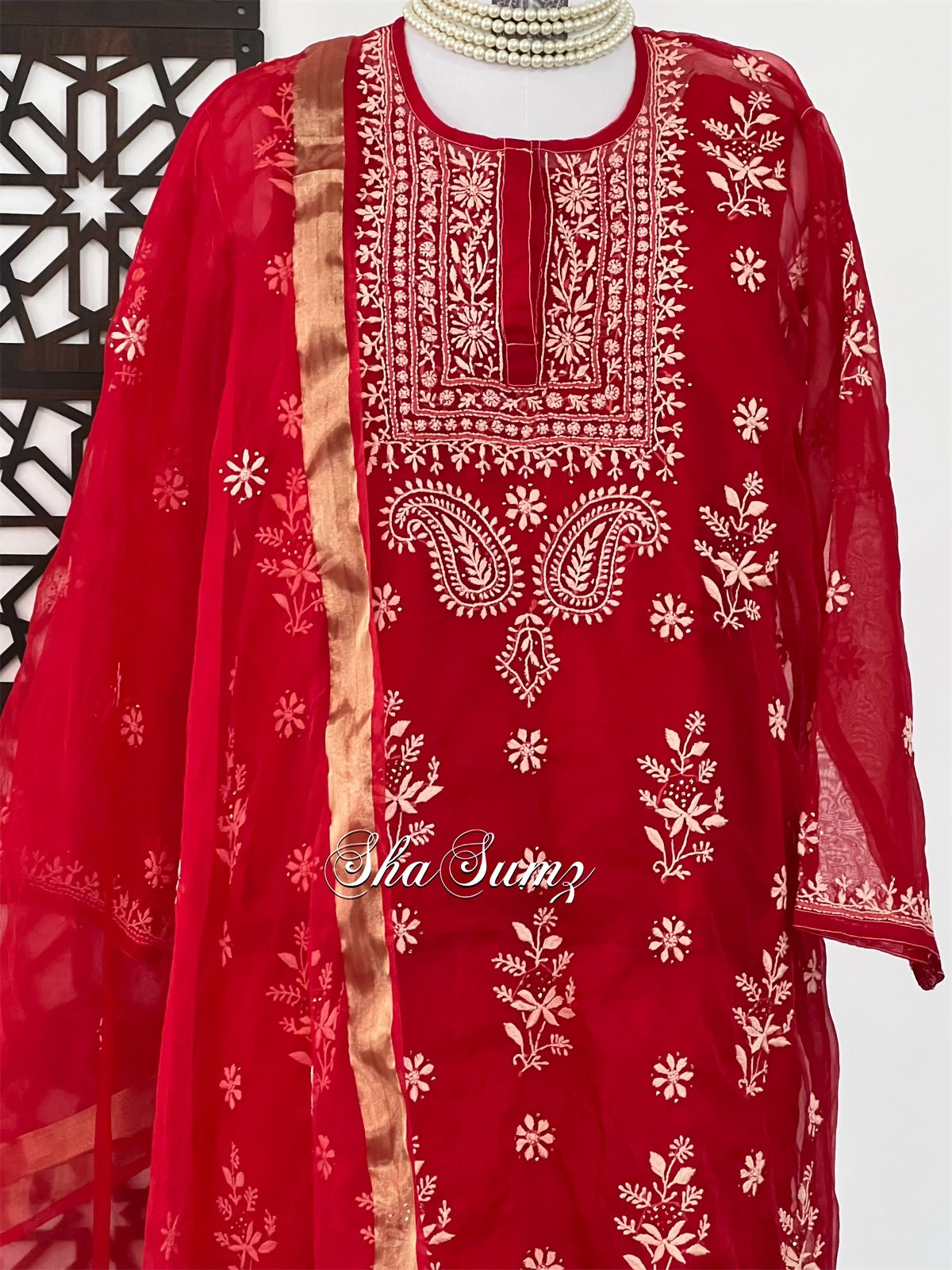 Crimson Red Organza Suit with Ivory Chikankari & Mukaish