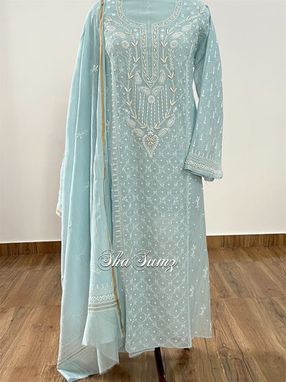 Powder Blue Chikankari Embellishments & Appliqué Mul Chanderi Suit