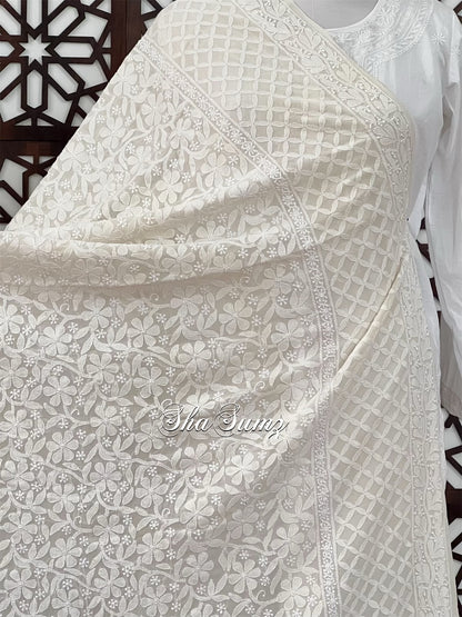 White Pure Georgette Dupatta with Chikankari