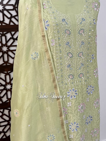 Sage Green Chanderi Suit with Chikankari & Embellishments