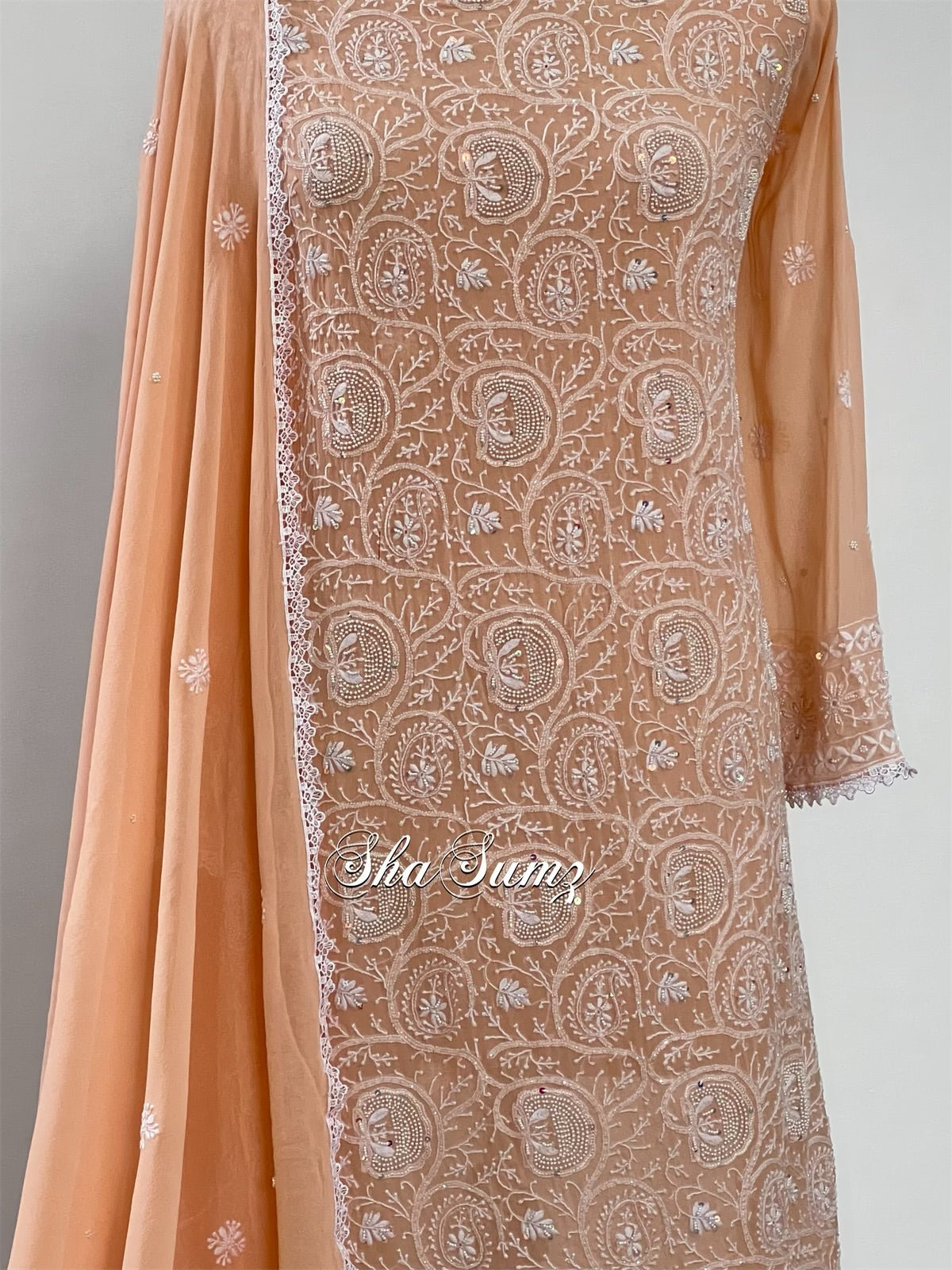 Pastel Peach Embellished Chikankari Suit