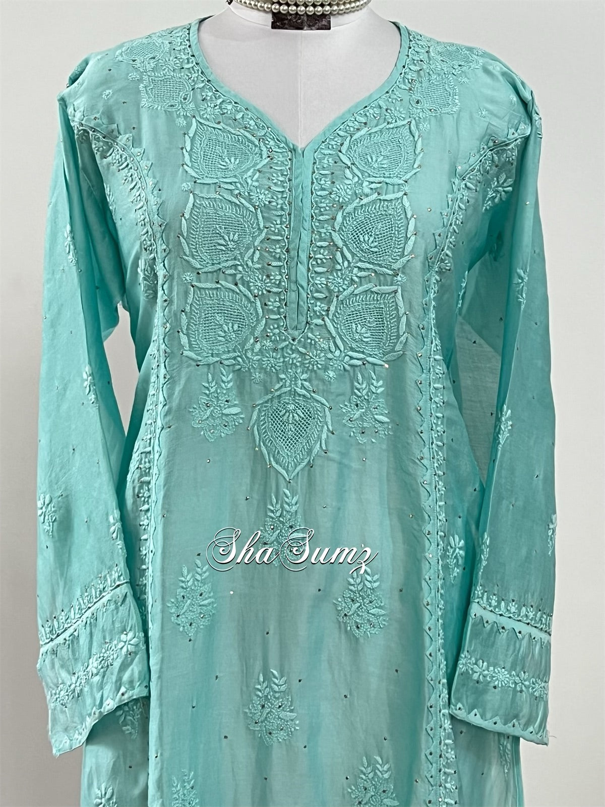 Aqua Green Chanderi Chikankari and Kamdani Kurti