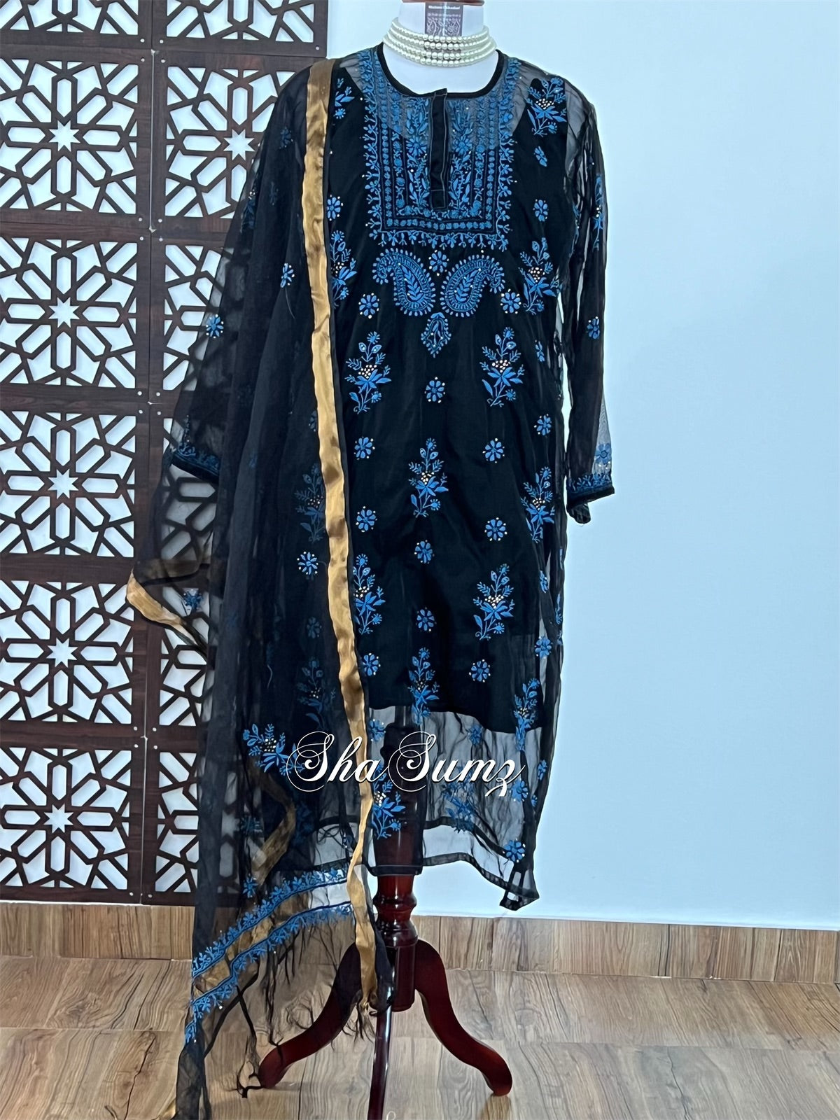 Black Organza Suit with Blue Chikankari & Mukaish