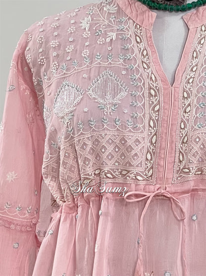 Powder Pink Chanderi Dress with Chikankari & Embellishments