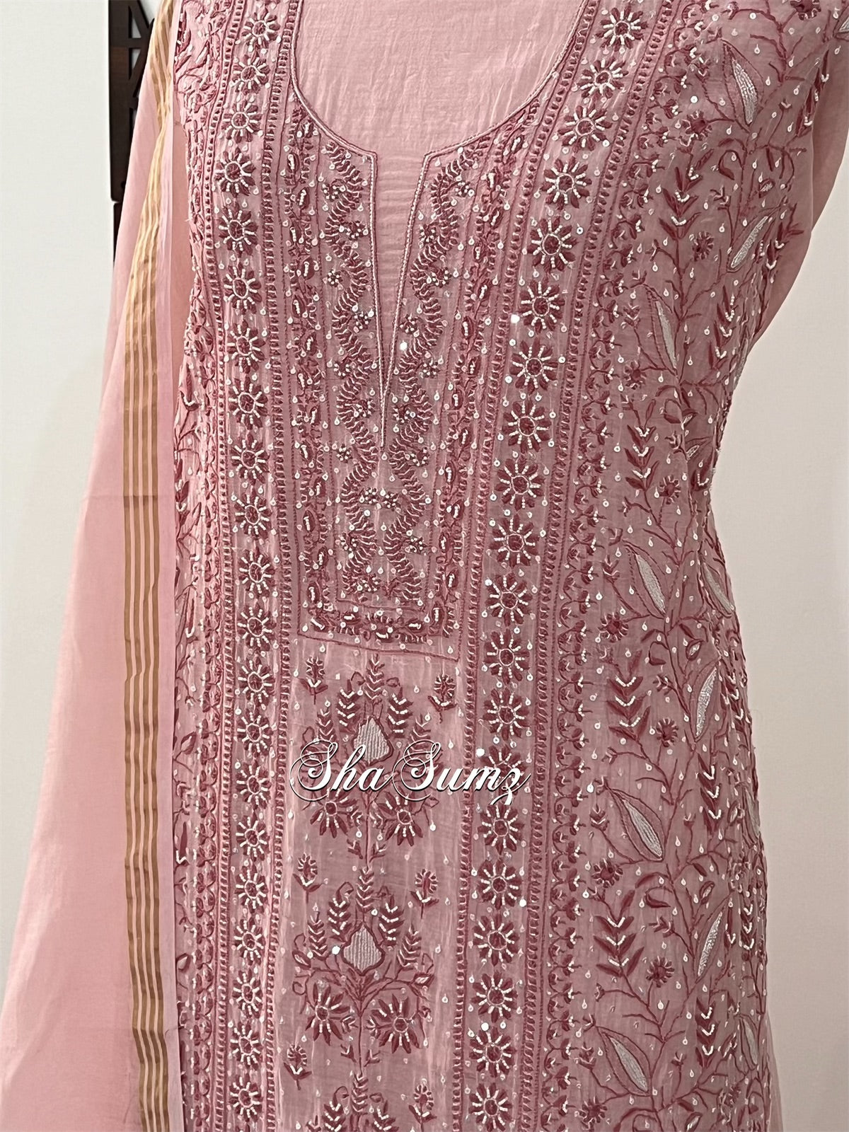 Dusty Rose Pink Mul Chanderi Suit with Chikankari & EmBellishments