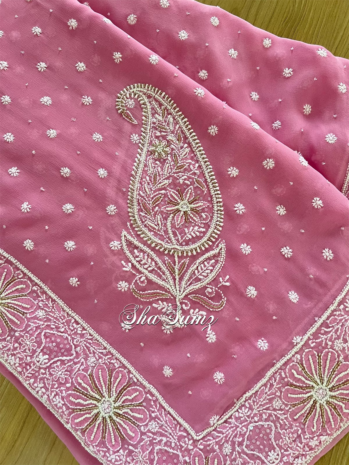 English Rose Pure Georgette Dupatta with Chikankari & Embellishments