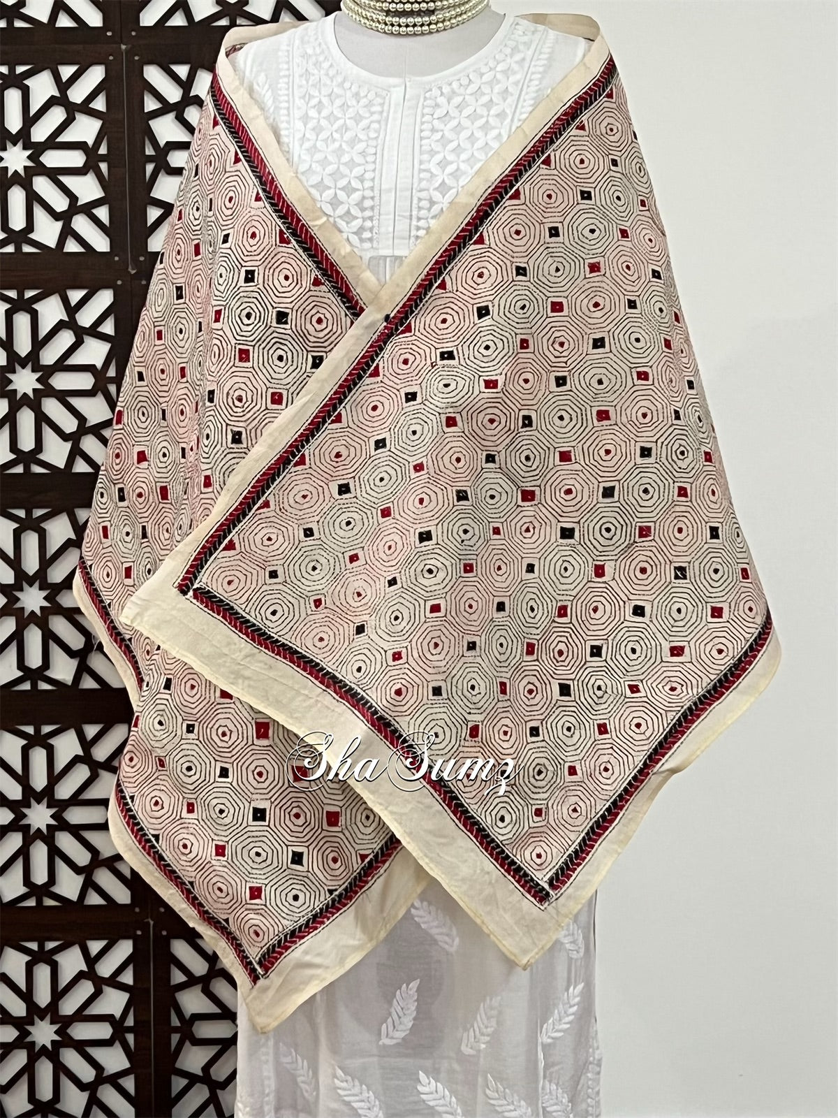 Beige Tussar Silk Kantha Stole