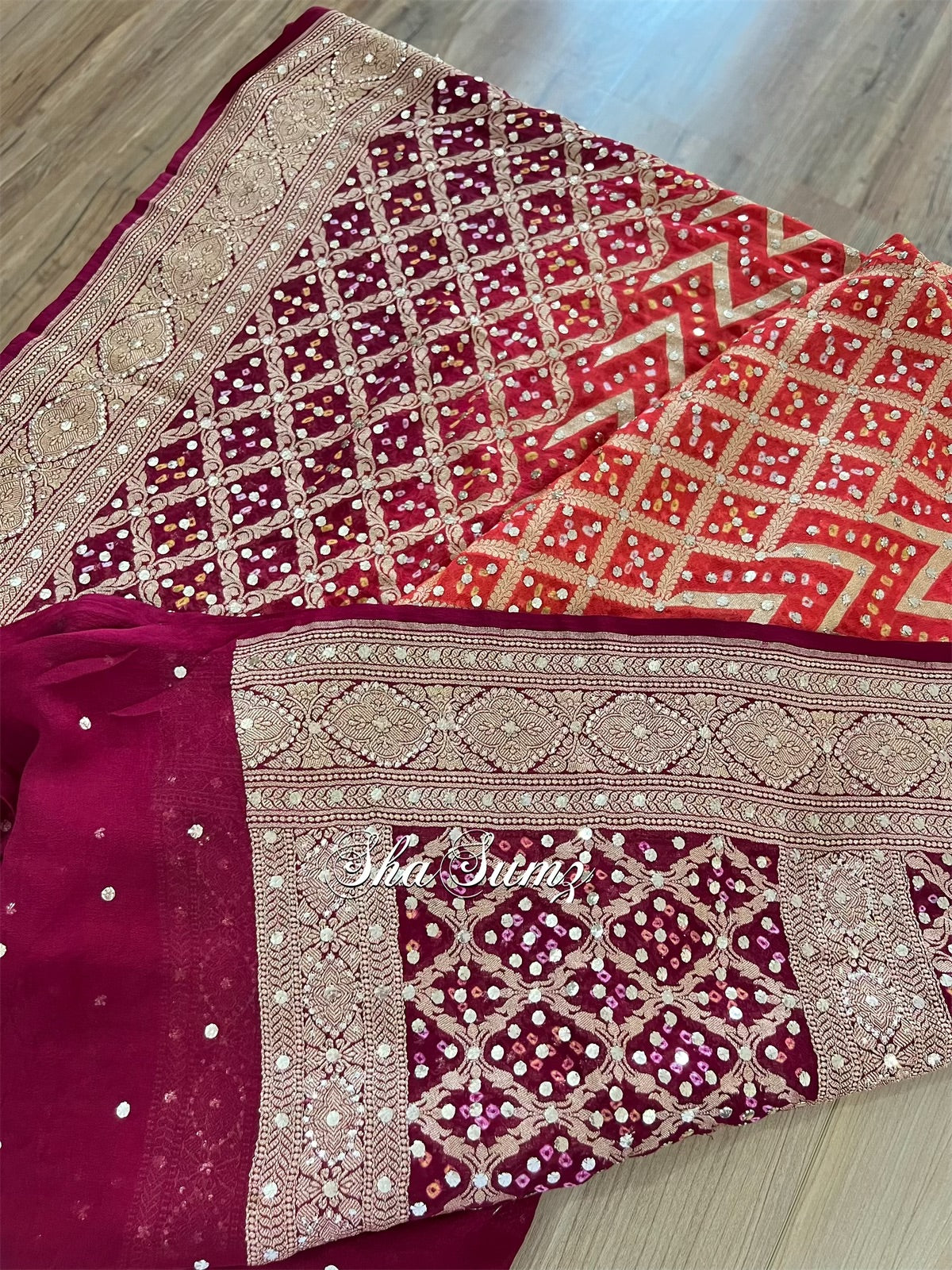 Maroon & Burnt Orange Banarsi Bandhej Pure Georgette Mukaish Dupatta