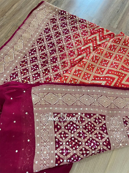 Maroon & Burnt Orange Banarsi Bandhej Pure Georgette Mukaish Dupatta