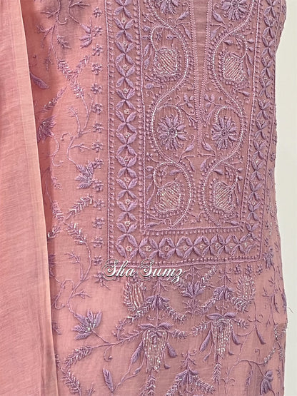 Peachy Pink Mul Chanderi Suit with Chikankari & Embellishments