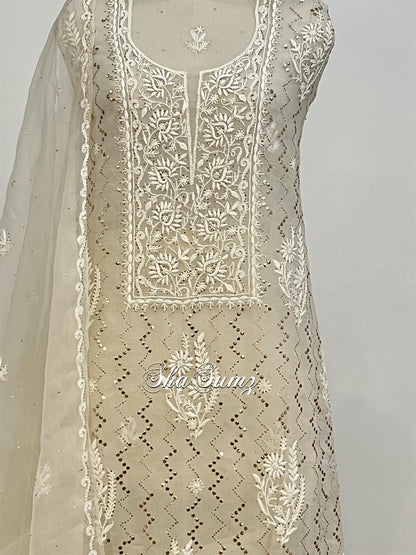 Ivory Organza Suit with Chikankari & Mukaish