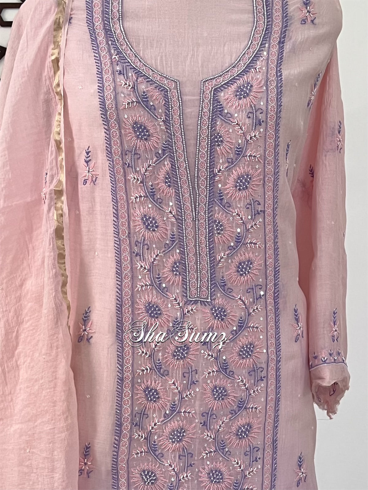 Ombré Pink & Purple Mul Chanderi Suit with Chikankari & Embellishments