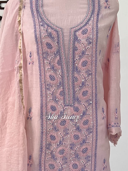 Ombré Pink & Purple Mul Chanderi Suit with Chikankari & Embellishments