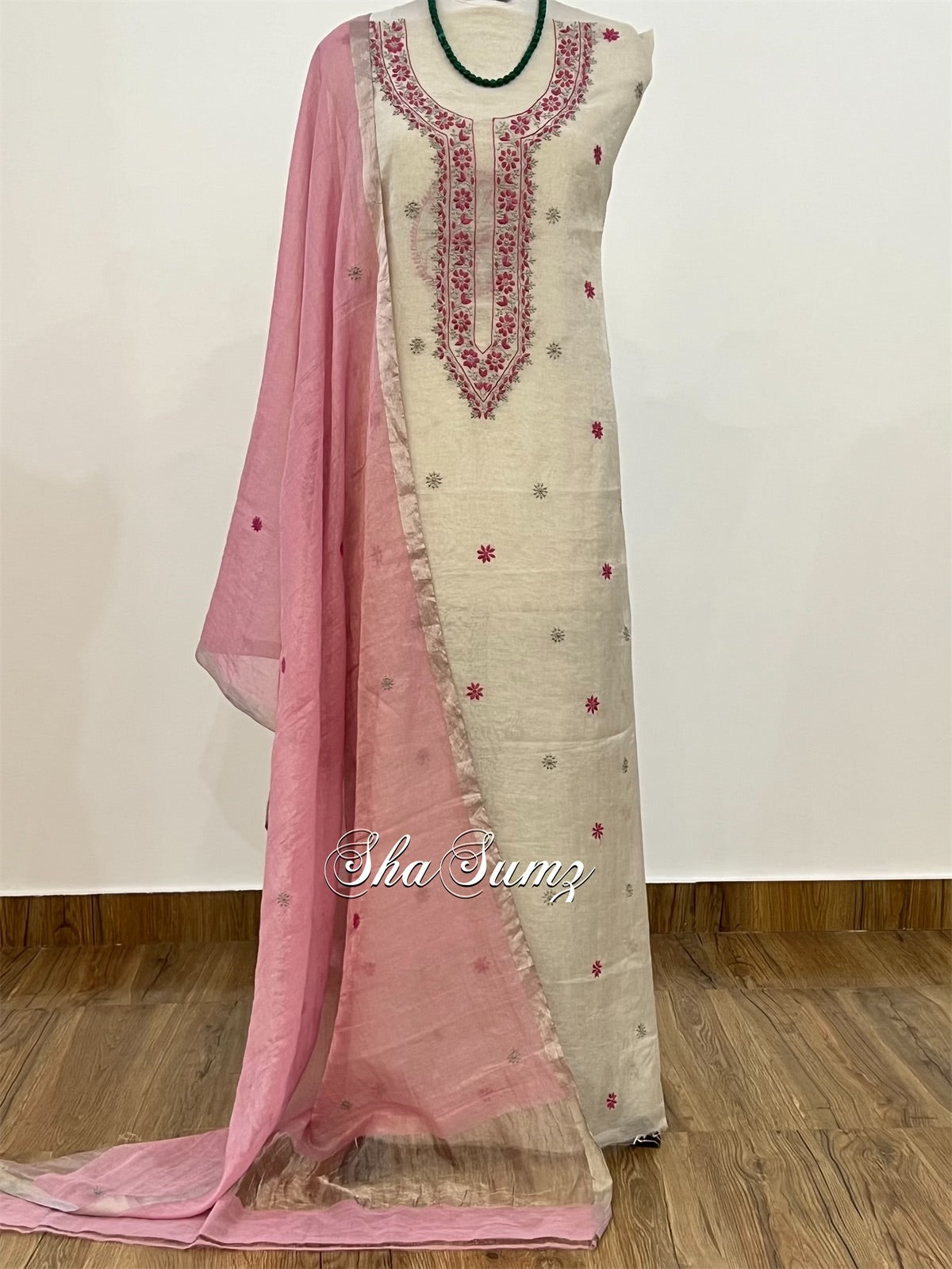 Silver Grey & Pink Tissue Suit with Chikankari