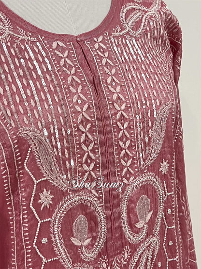 Onion Pink Tissue Chanderi Suit with Chikankari & Pearls