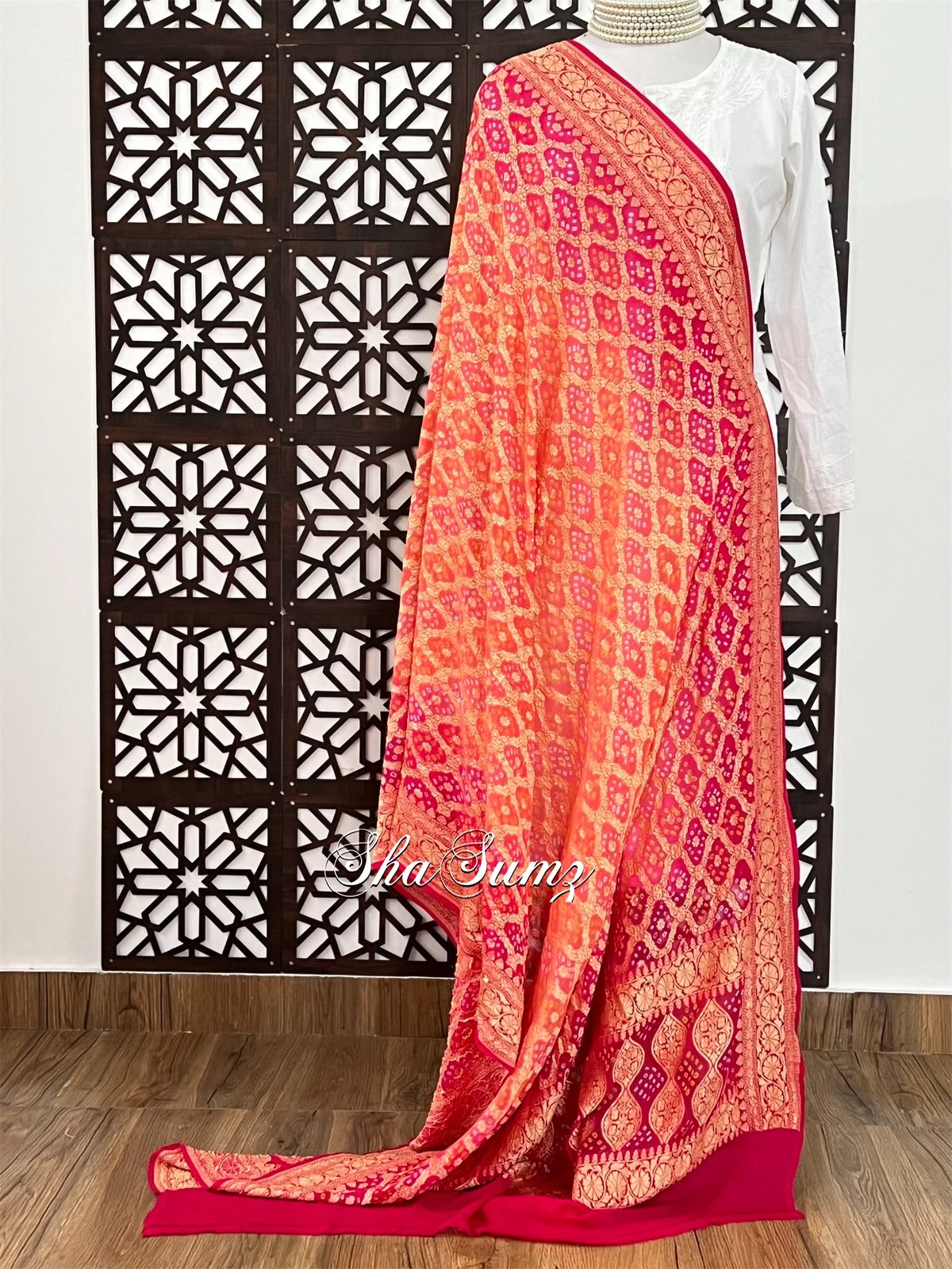 Peach & Carrot Pink Banarsi Zari Weave Bandhej Pure Georgette Dupatta