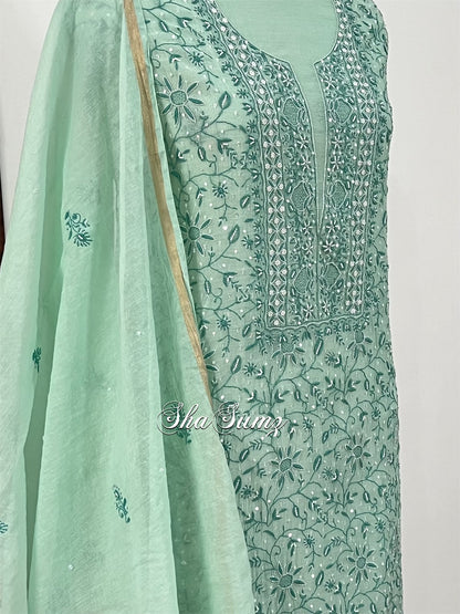 Sea green Mul Chanderi Chikaankari Suit