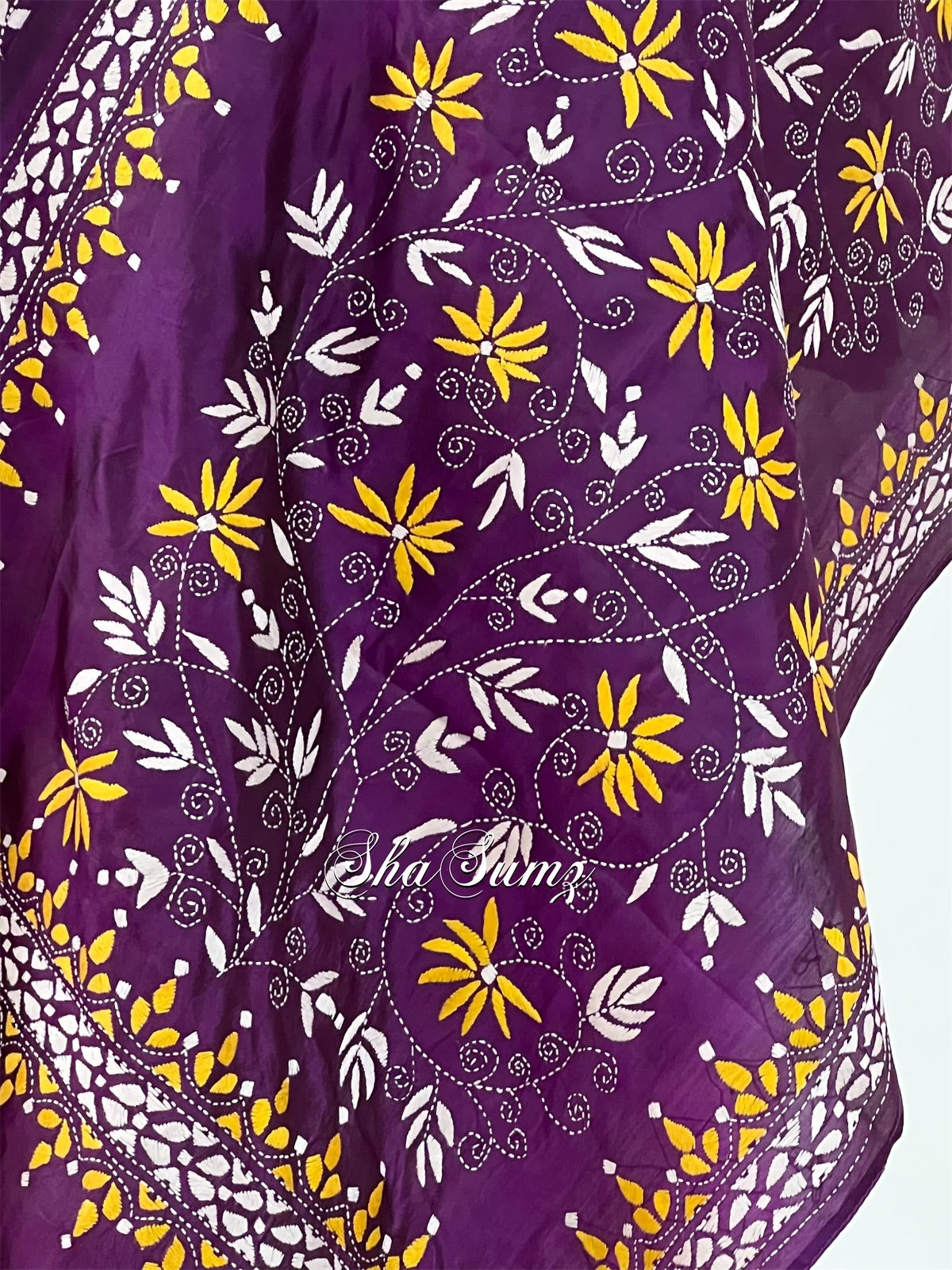 Violet Pure Silk Stole with Kantha Work