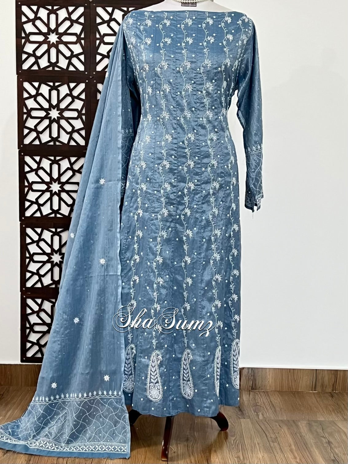 Steel Blue Tissue Chanderi Silk Anarkali with Chikankari & Embellishments