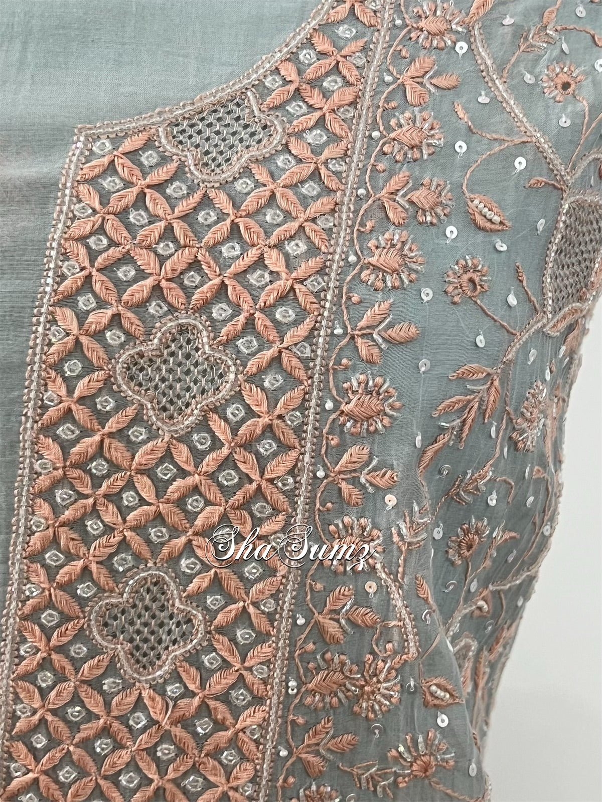 Powder Blue Mul Chanderi Suit with Chikankari & Embellishments