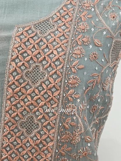 Powder Blue Mul Chanderi Suit with Chikankari & Embellishments