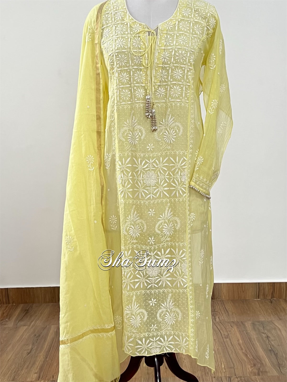 Lemon Yellow Mul Chanderi Chikankari & embellishments Suit