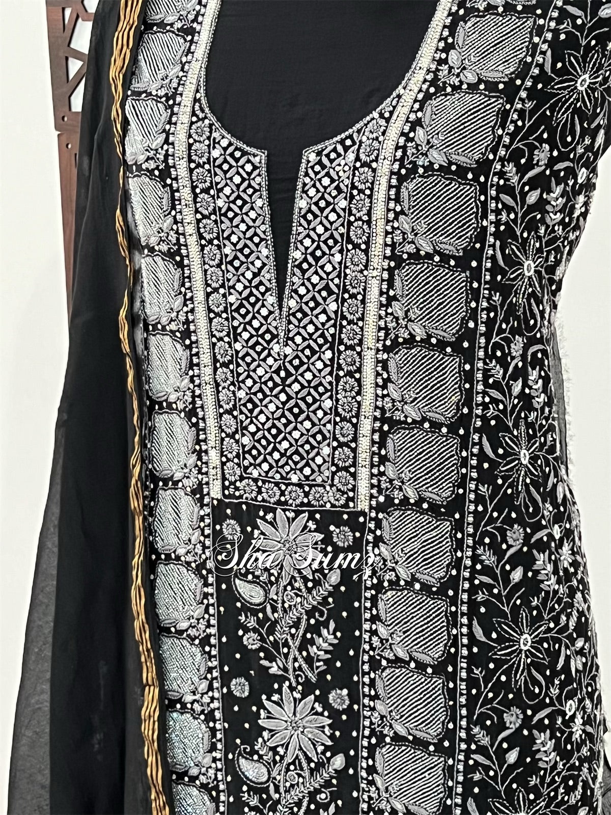 Black Mul Chanderi Suit with Grey Chikankari & Embellishments