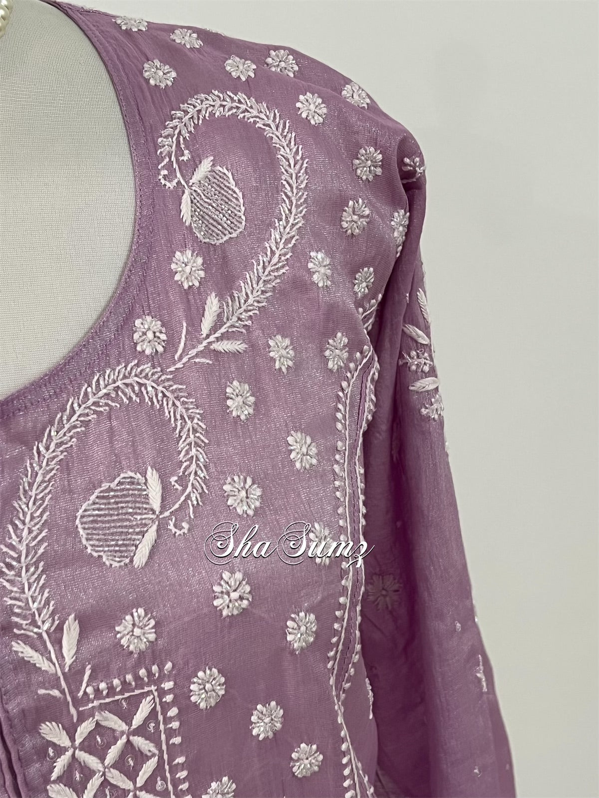 Glossy Lavender Tissue Chanderi Suit with Chikankari & Embellishments