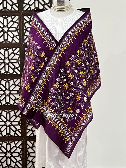 Violet Pure Silk Stole with Kantha Work