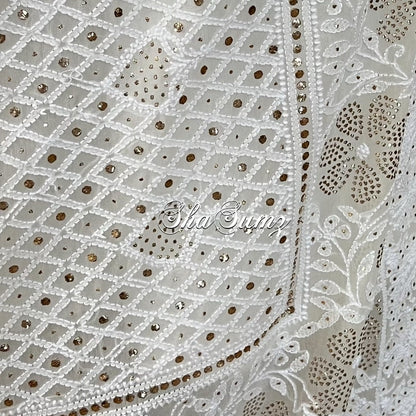 Cream Pure Georgette Dupatta with Chikankari & Mukaish