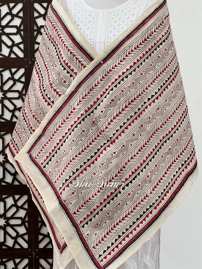 Beige Tussar Silk Kantha Stole