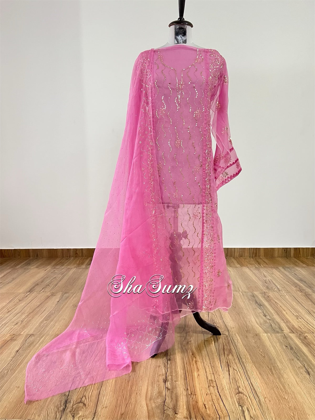 Pink Organza Mukaish Badla Suit