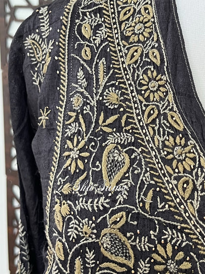 Black Pure Khadi Silk Angarkha with Chikankari & Mukaish