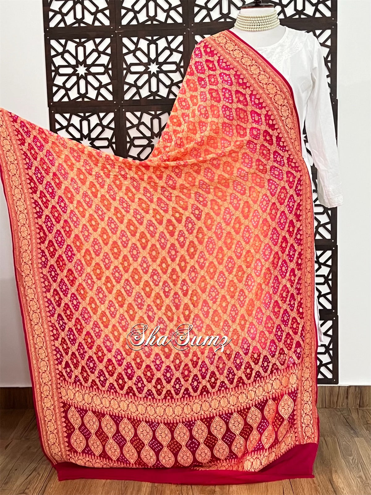 Peach & Carrot Pink Banarsi Zari Weave Bandhej Pure Georgette Dupatta