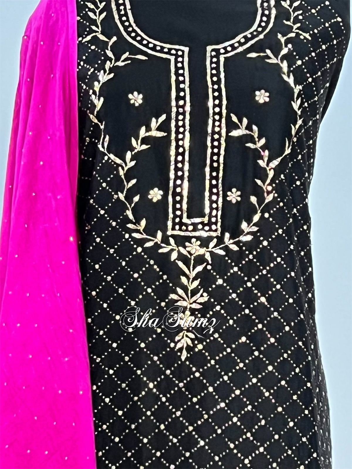 Black & Fuchsia Mukaish Chanderi Silk Suit