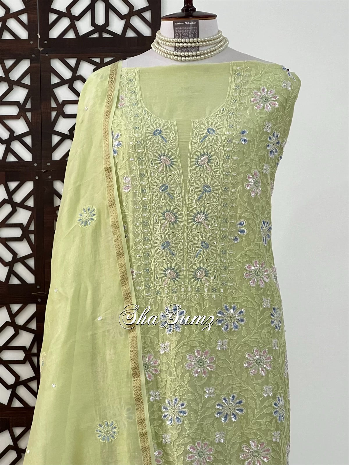 Sage Green Chanderi Suit with Chikankari & Embellishments