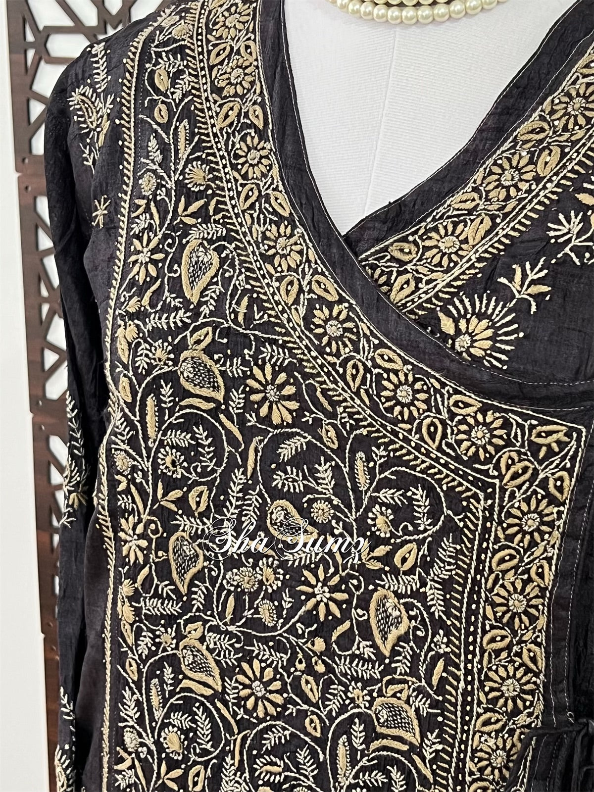 Black Pure Khadi Silk Angarkha with Chikankari & Mukaish