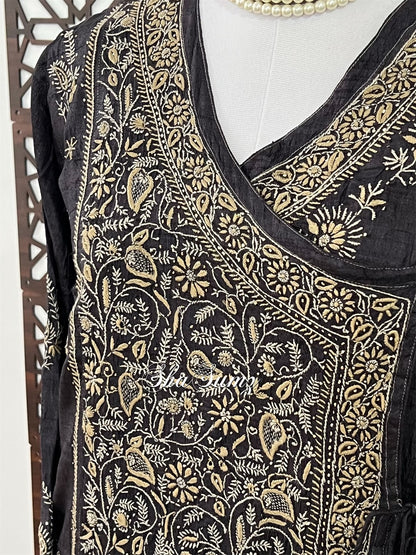 Black Pure Khadi Silk Angarkha with Chikankari & Mukaish