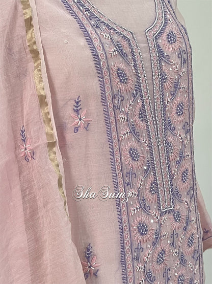 Ombré Pink & Purple Mul Chanderi Suit with Chikankari & Embellishments